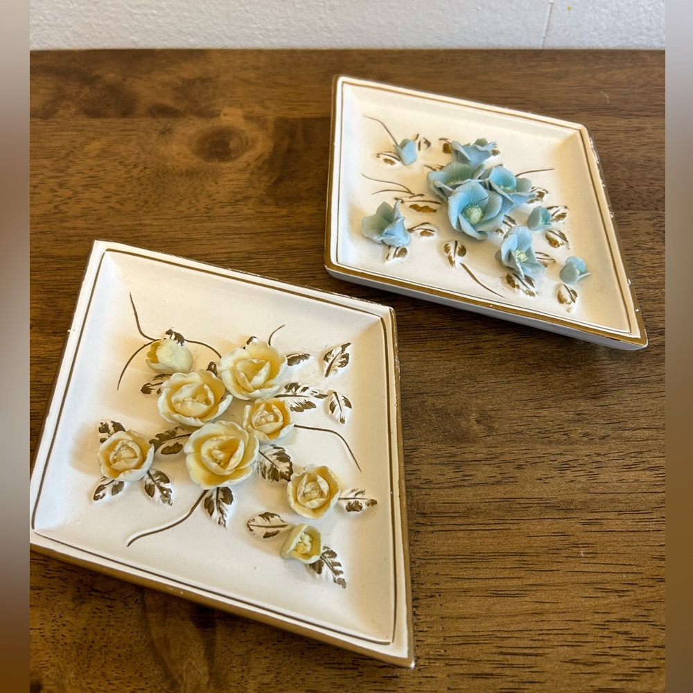 Vintage Set of 2 Lefton Japan Ceramic Floral Wall Tiles Plaques